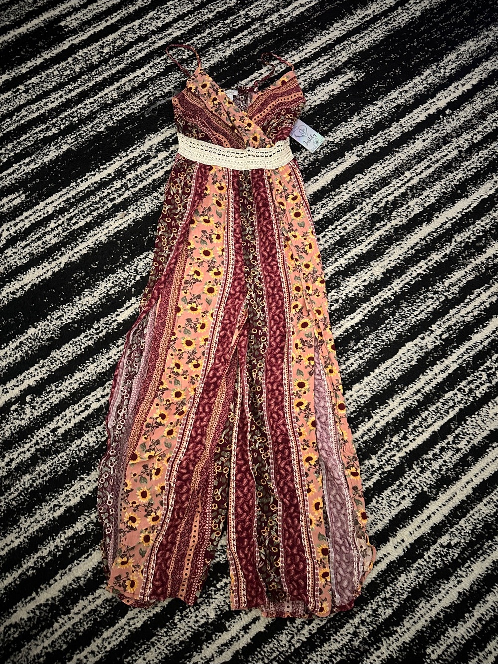 J for Justify Burgundy & Pink Boho Floral Wide-Leg Jumpsuit